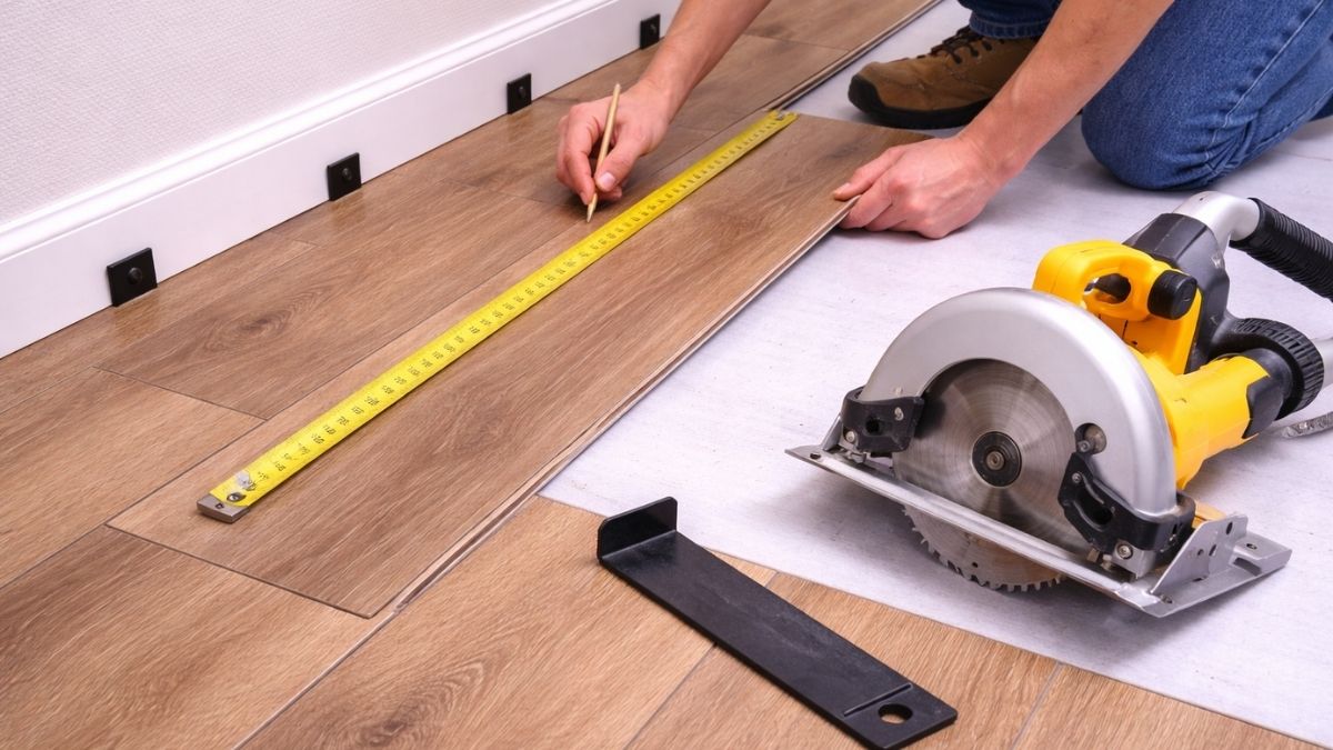 Last row of LVP flooring being cut to width and fitted against wall with pull bar