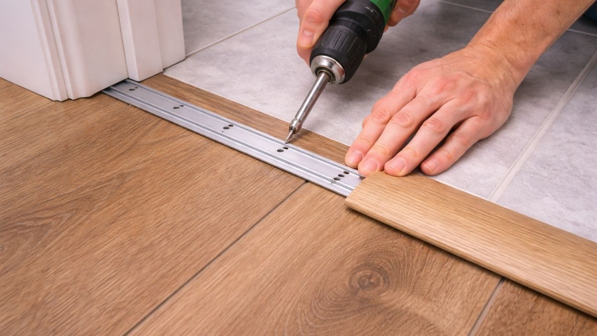 Transition strip being installed at doorway between LVP floor and adjacent room