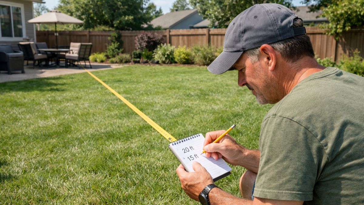 Homeowner measuring lawn area and writing dimensions on notepad