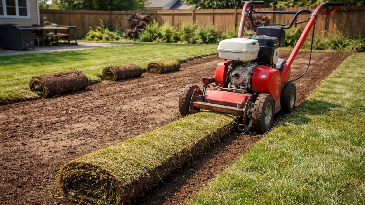 Sod cutter machine removing existing grass before sod installation