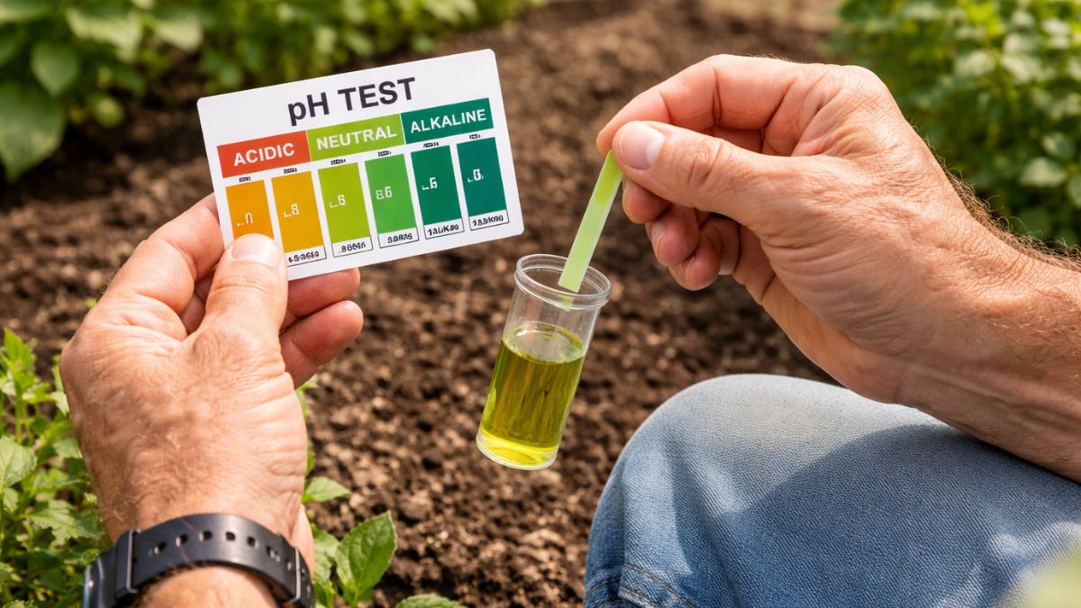 Soil pH test kit showing acidic, neutral and alkaline reading