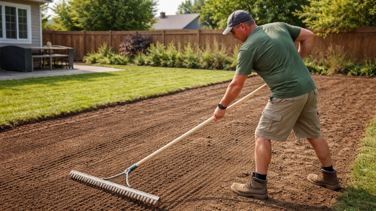 Homeowner raking and grading bare soil smooth before laying sod