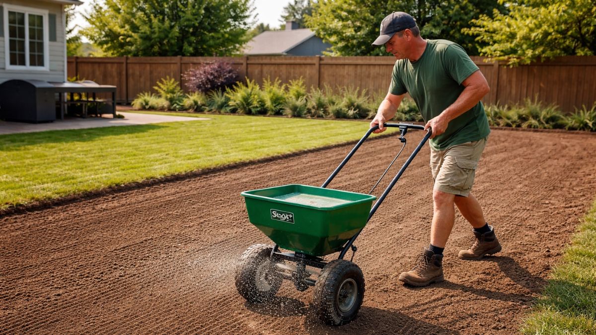 Applying starter fertilizer with broadcast spreader on prepared soil