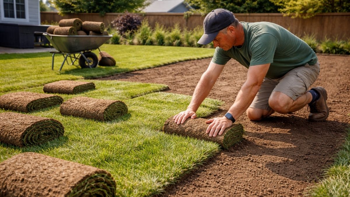 Laying sod rolls in staggered brick pattern on prepared soil