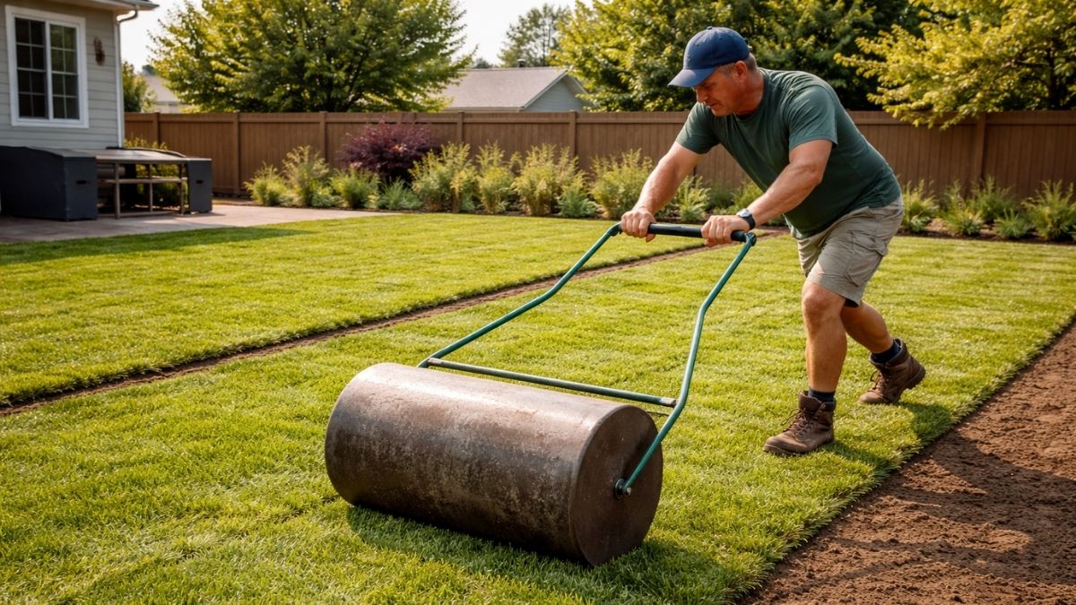 Using lawn roller to press freshly laid sod into soil
