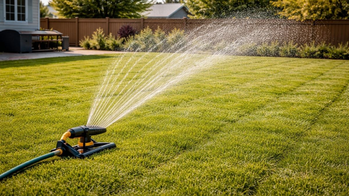 Sprinkler watering newly installed sod lawn for establishment