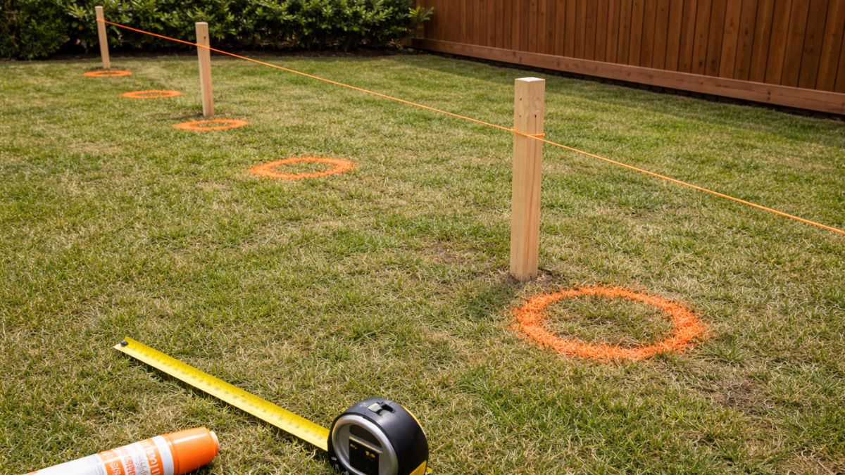 Stakes and string line marking wood fence layout along property line