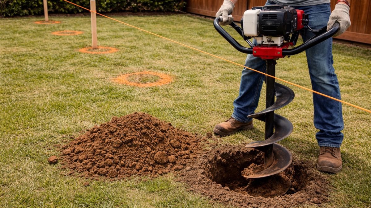 Power auger drilling post holes along fence line in backyard