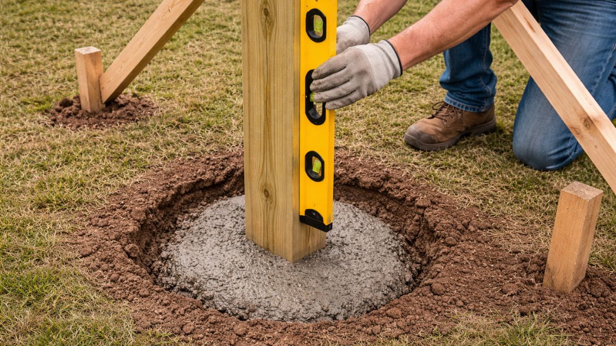Corner fence post being set in concrete with level check and diagonal brace