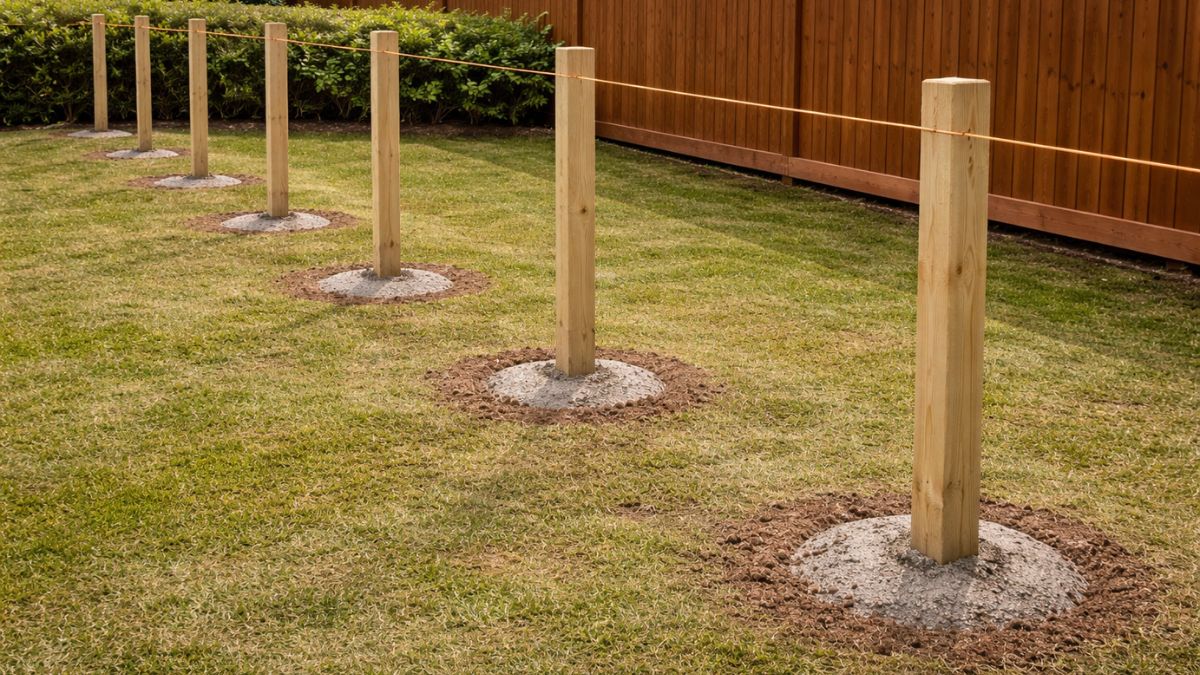 Line fence posts being set along string line with consistent spacing and height