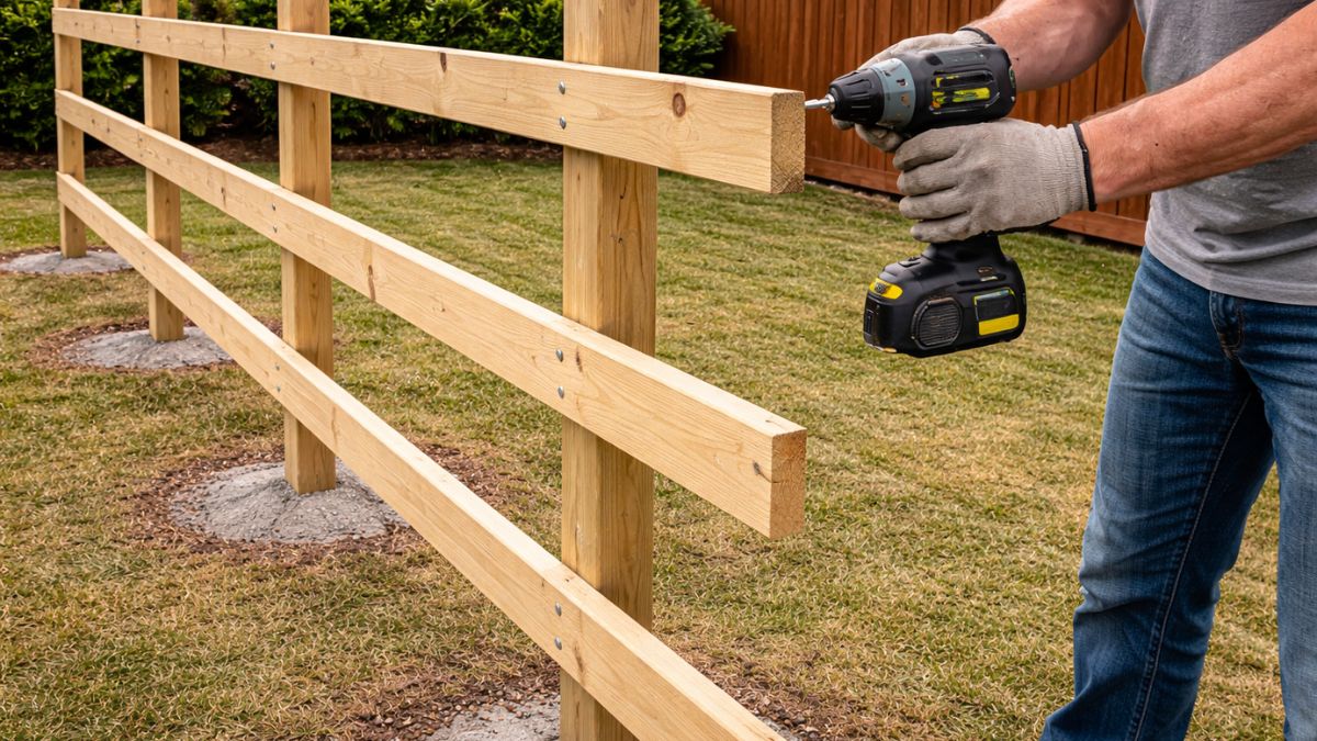 Horizontal 2x4 fence rails being installed between posts with drill and screws