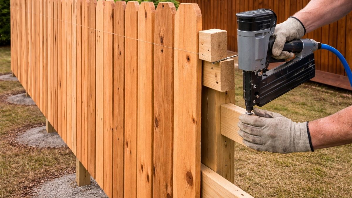 Cedar fence pickets being nailed to rails with consistent spacing and chalk line guide