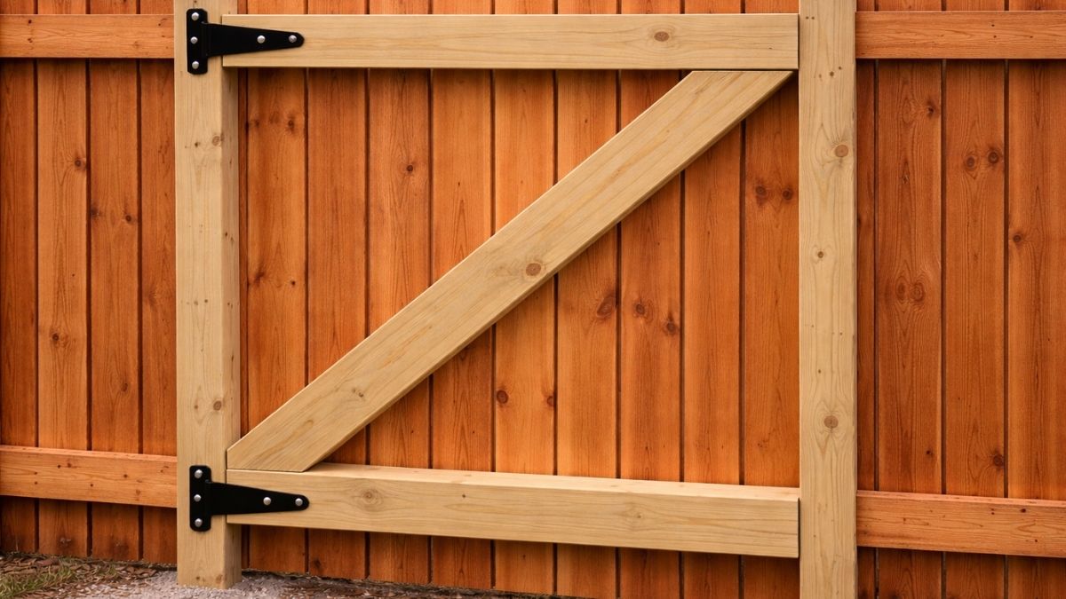 Wood fence gate with Z-frame diagonal brace being hung on heavy duty strap hinges