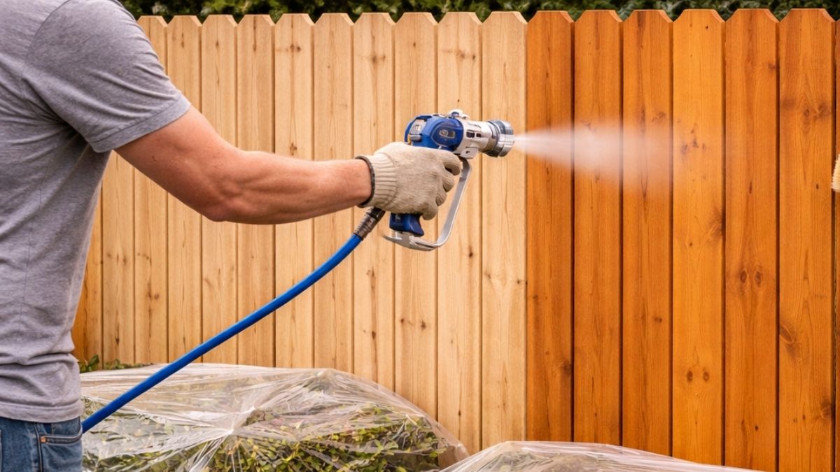 Airless sprayer applying wood stain to finished privacy fence with back-brushing