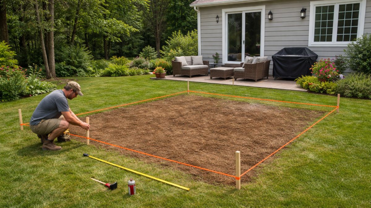 Marking patio area with stakes and string lines