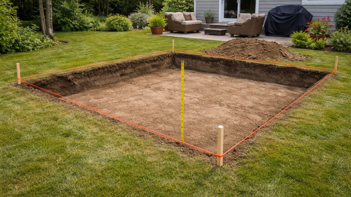 Excavated patio area showing correct 6 inch depth