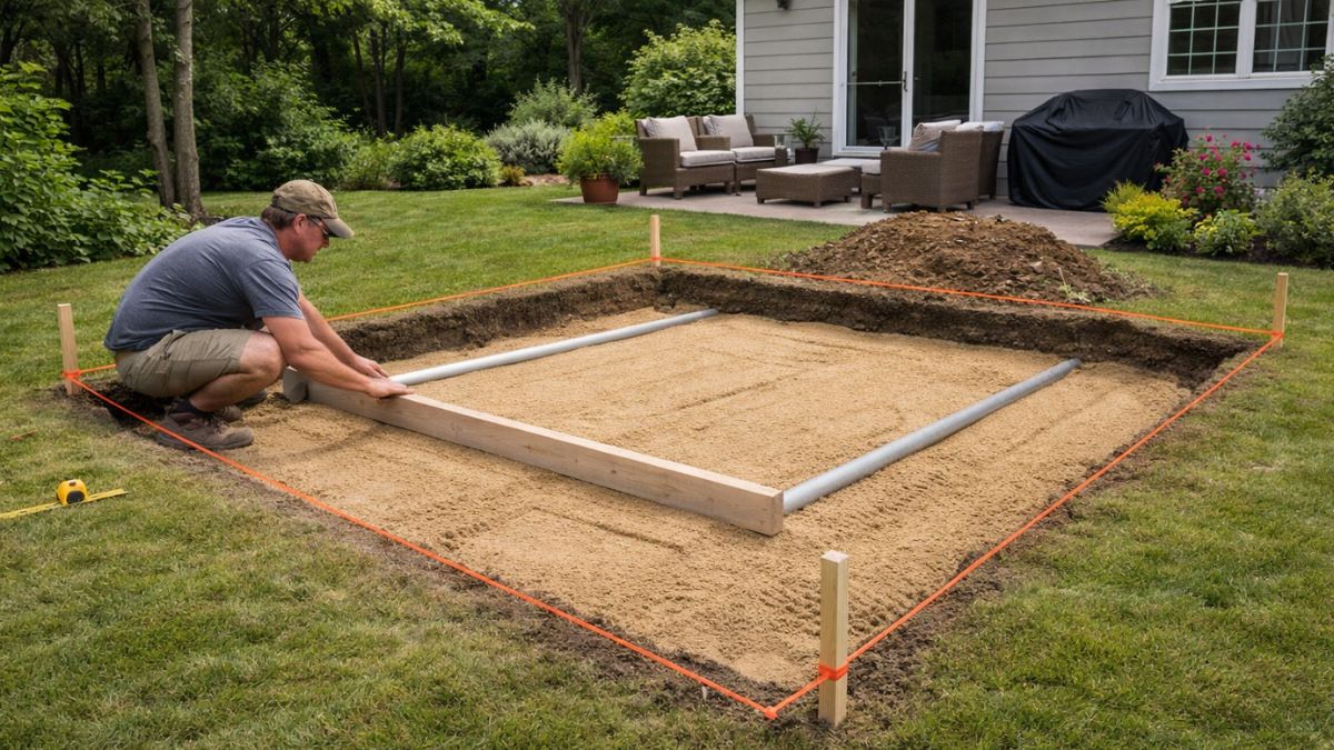 Screeding 1-inch sand bedding layer with screed board and pipes