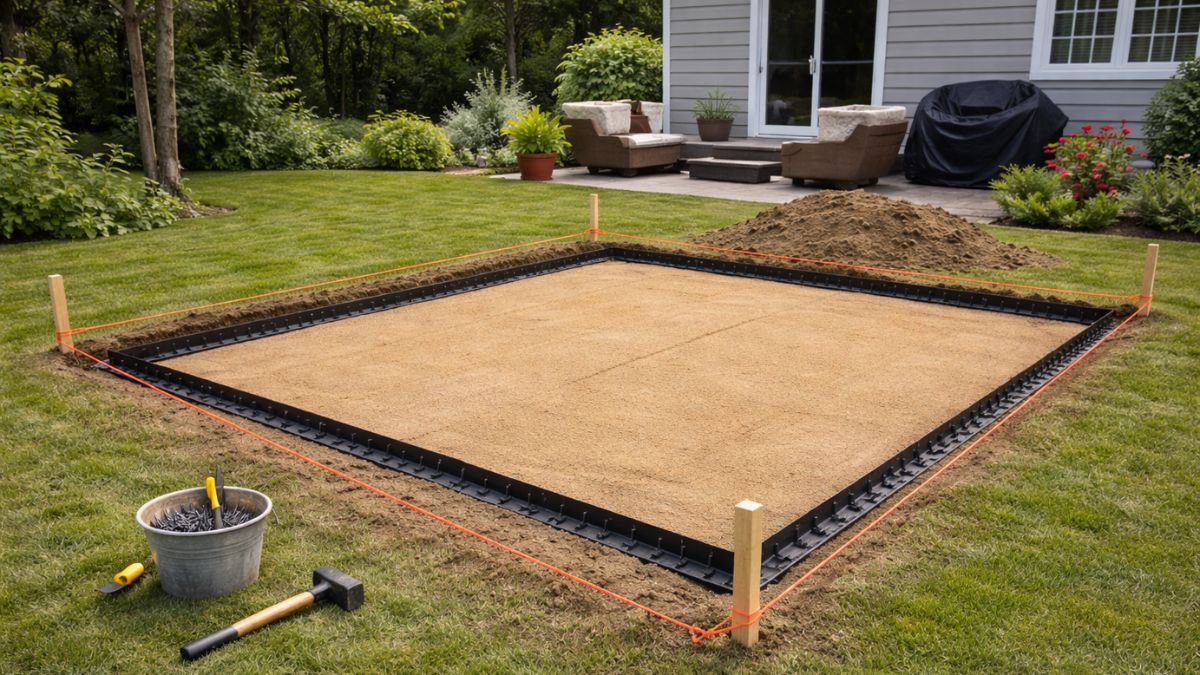 Installing plastic paver edge restraints around patio perimeter