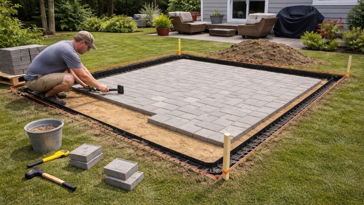 Laying concrete pavers in running bond pattern with rubber mallet