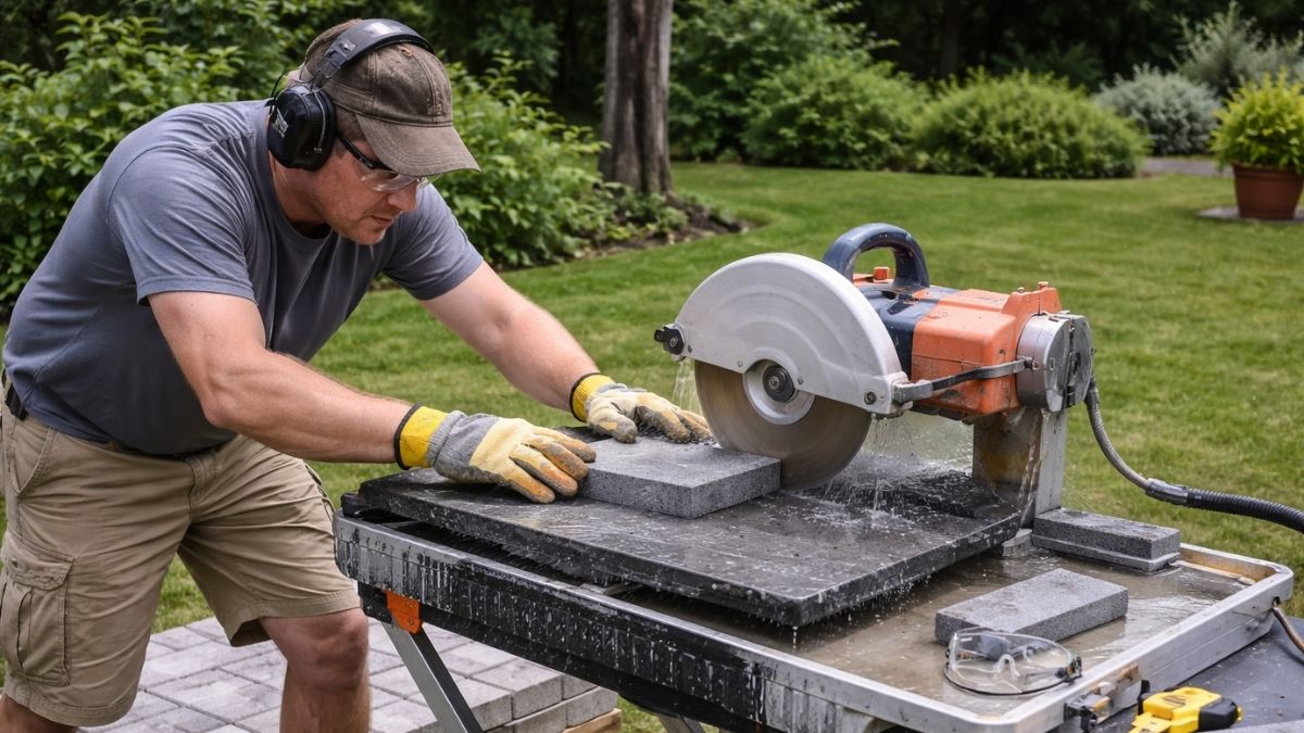 Cutting paver with wet saw — safety glasses, gloves and ear protection
