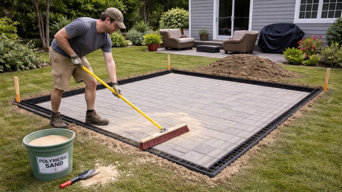 Sweeping polymeric joint sand into paver joints with push broom