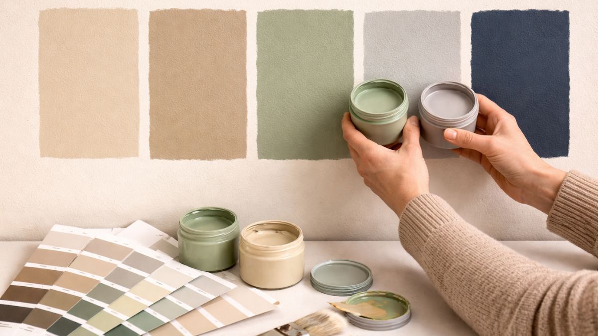 Paint color swatches and sample pots being compared on wall in natural light