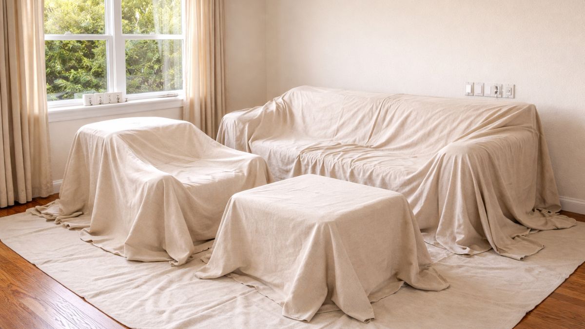 Room furniture moved to center and covered with drop cloths before painting