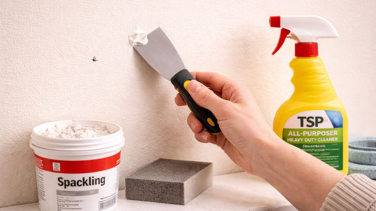 Spackling compound being applied to nail holes in wall with putty knife before painting