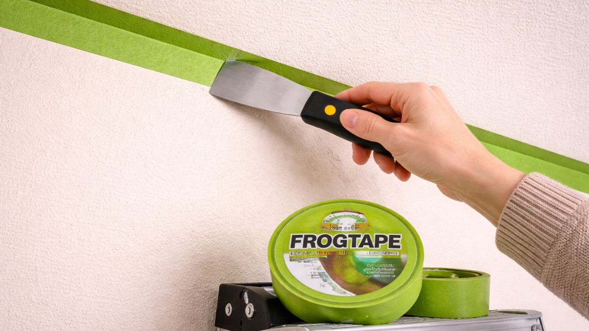 Painter's tape being applied along ceiling line and baseboards before painting