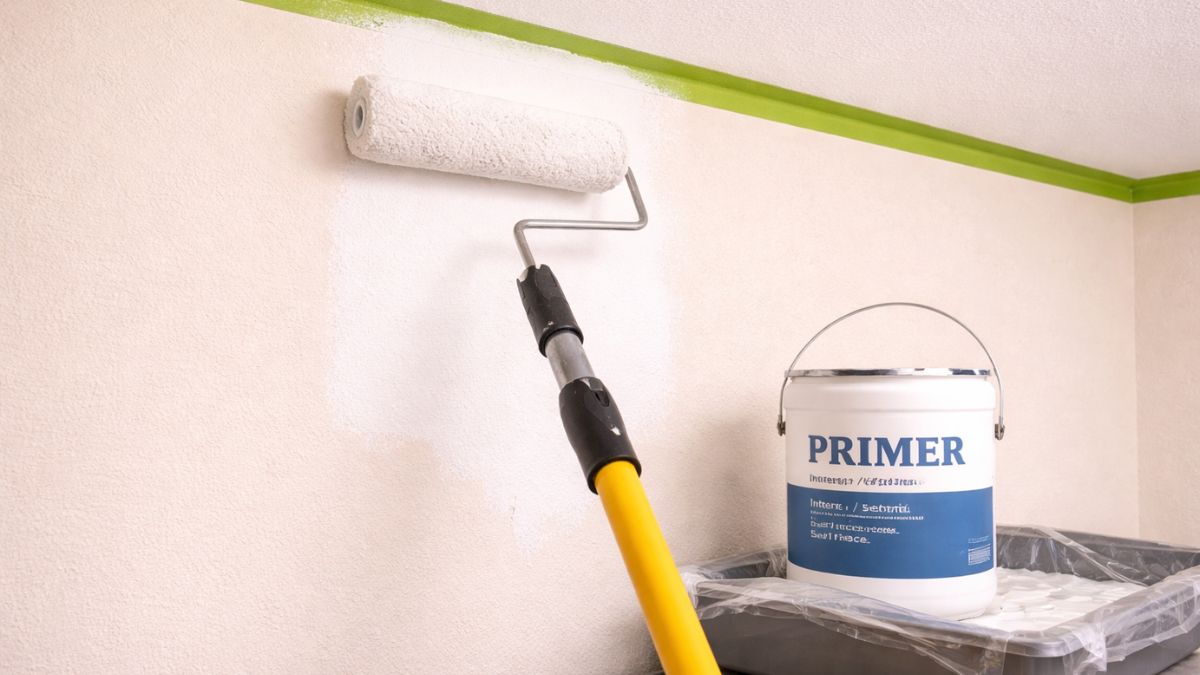 White primer being rolled onto wall with 9 inch roller before applying paint color