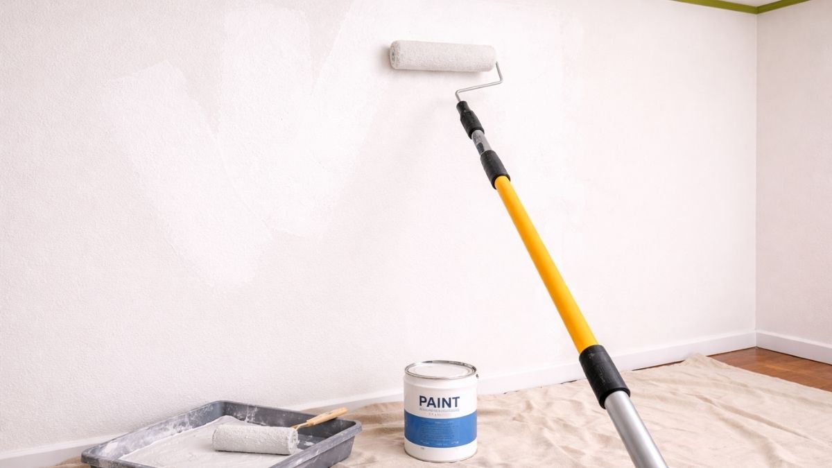 9 inch paint roller applying first coat to wall in W pattern with extension pole