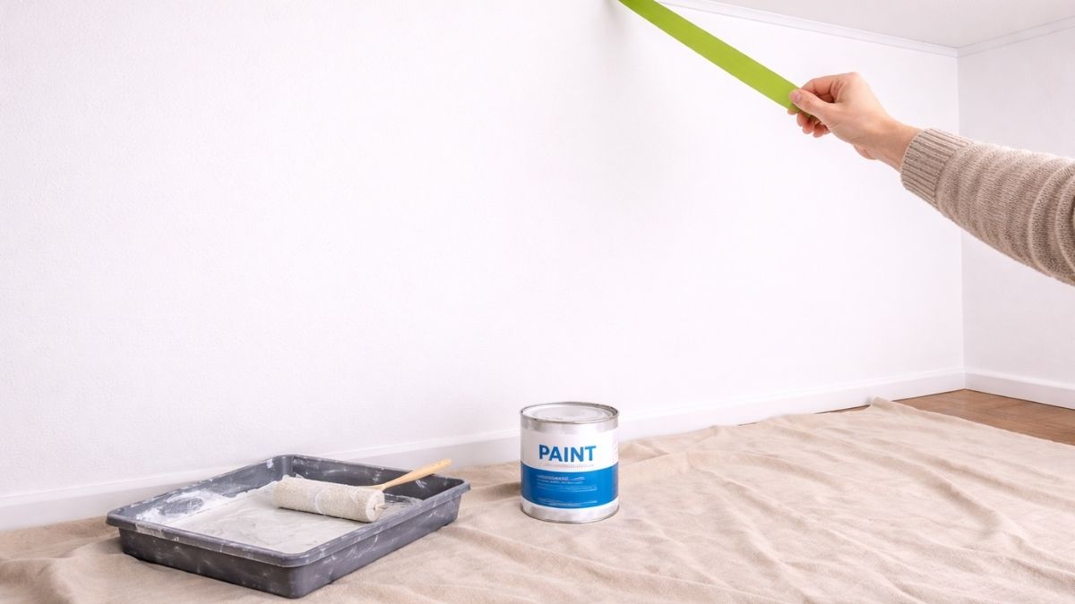 Freshly painted room with clean paint lines at ceiling and trim, furniture being moved back
