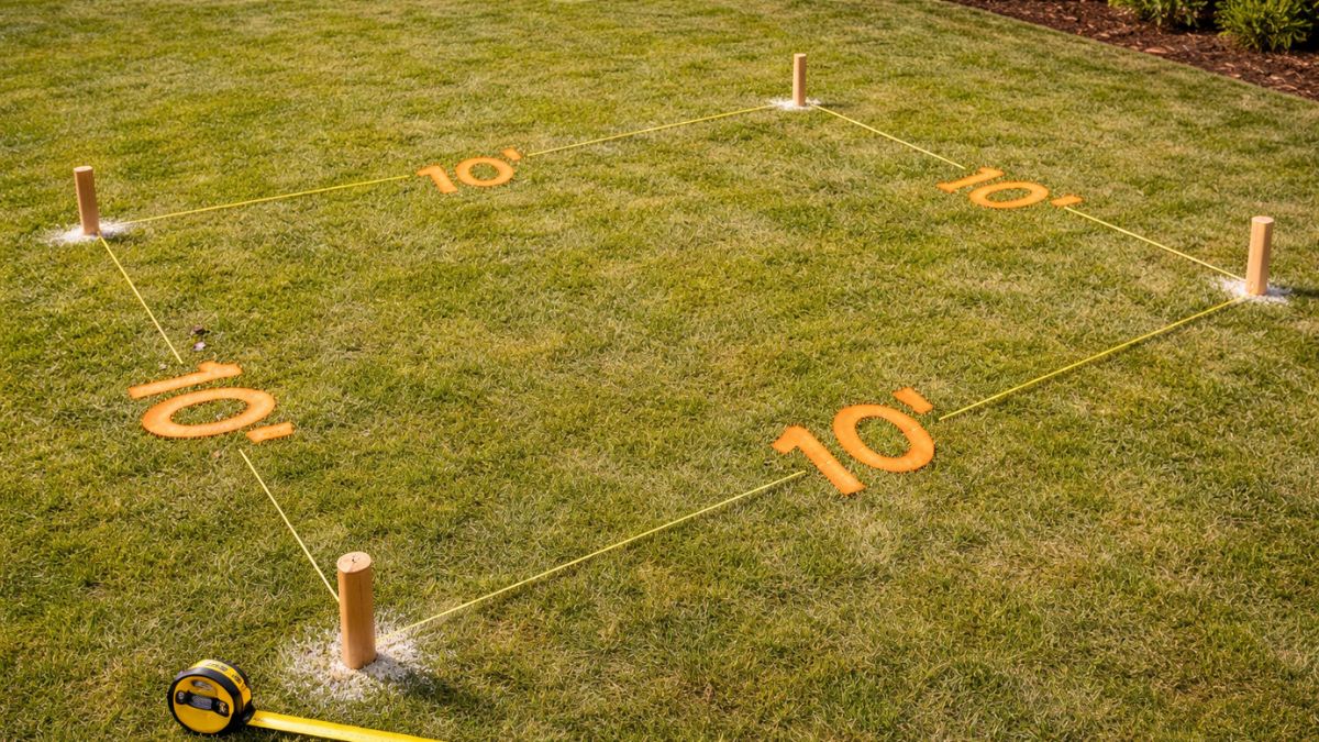 Concrete slab layout with stakes and mason's line establishing square corners using 3-4-5 method