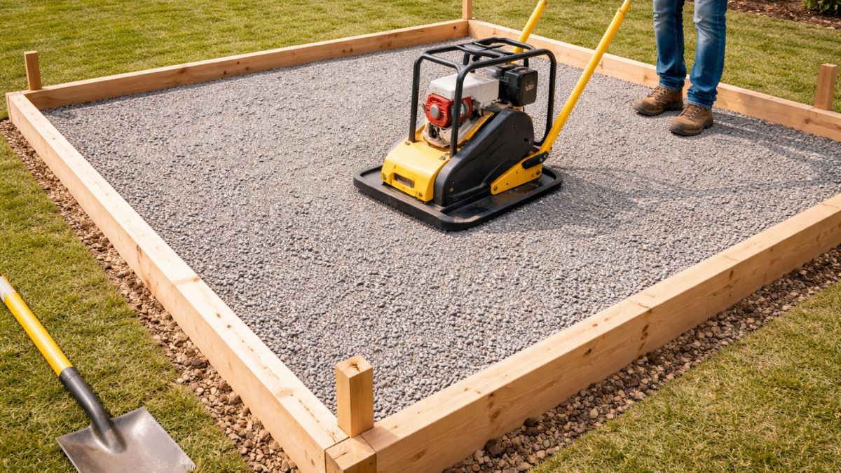 Plate compactor compacting gravel base inside concrete slab excavation area