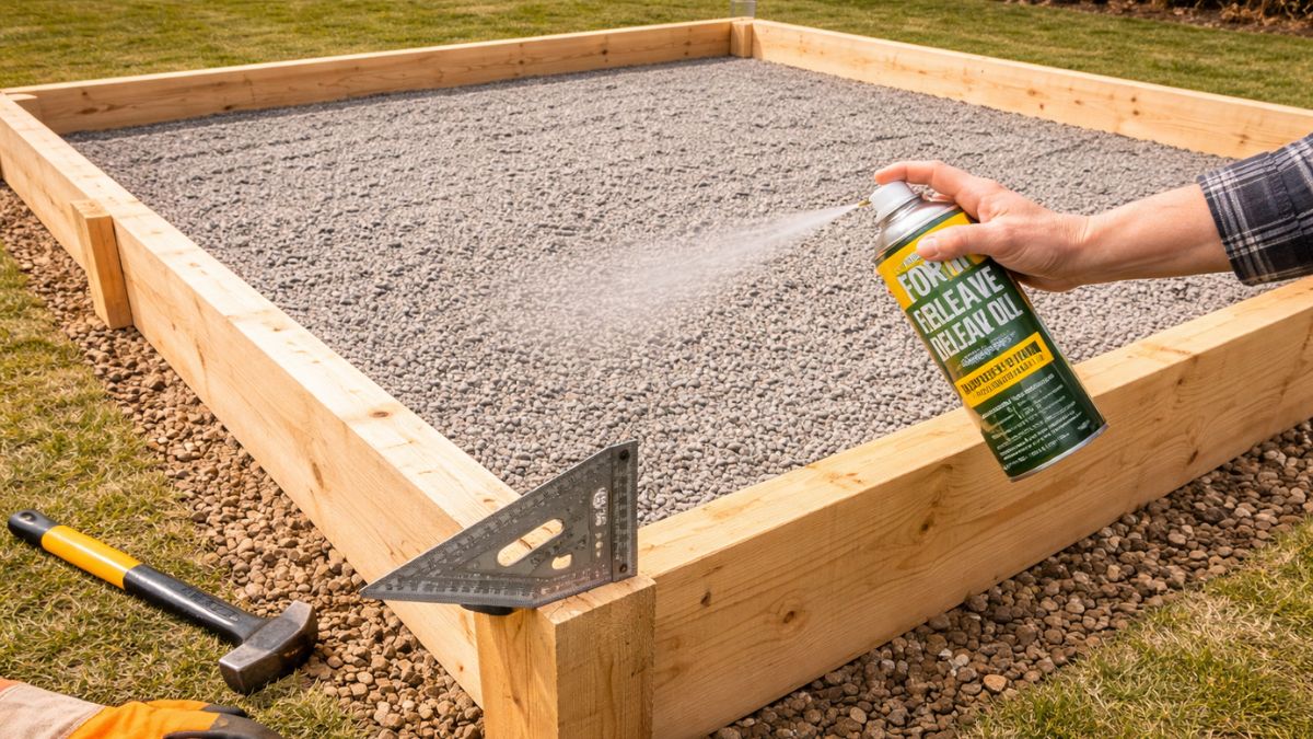 2x4 form boards staked in square perimeter for concrete patio slab with corners checked for square