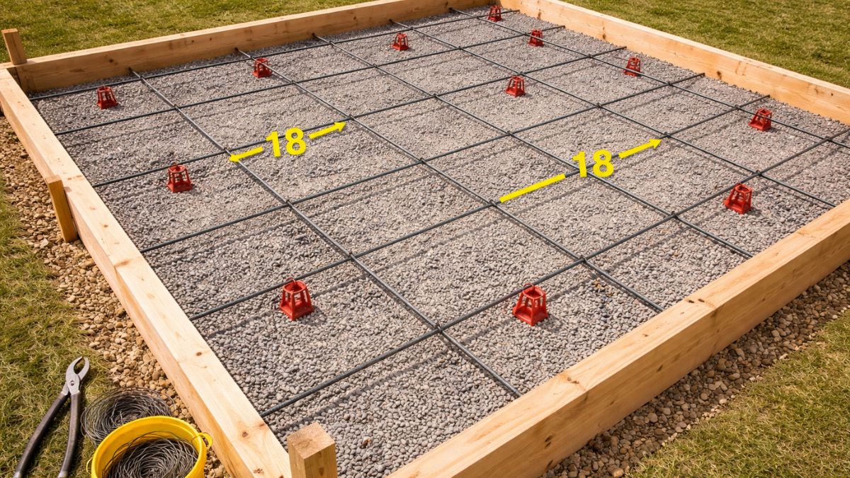 Rebar grid on plastic chairs inside concrete form ready for pour, tied at intersections