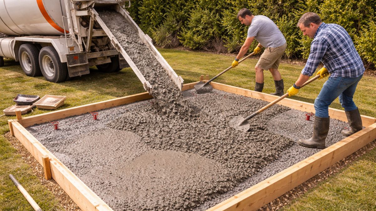 Ready-mix concrete being poured from truck chute into formed patio area with workers spreading