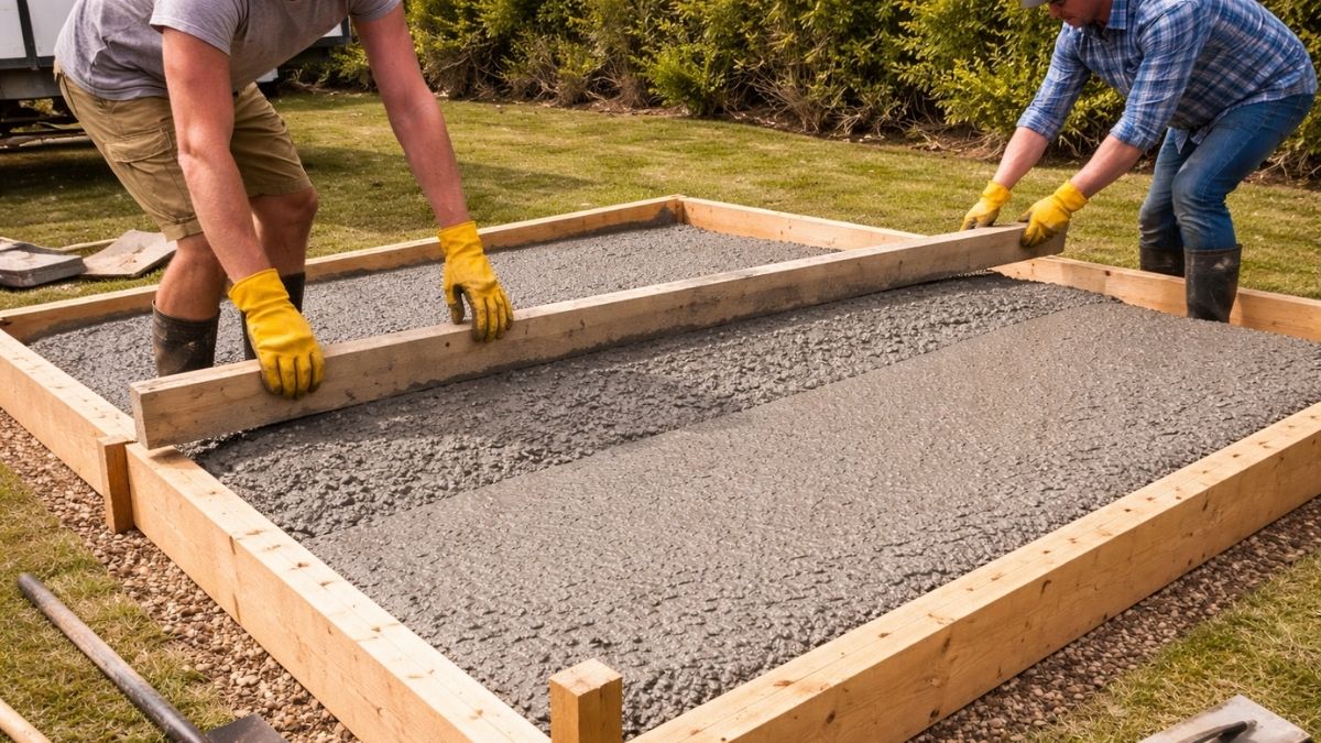 2x4 screed board being pulled across concrete slab forms to level the surface