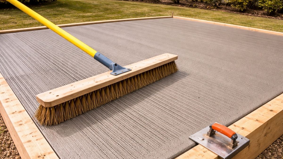 Broom being dragged across concrete slab surface creating texture while control joint groover visible at edge