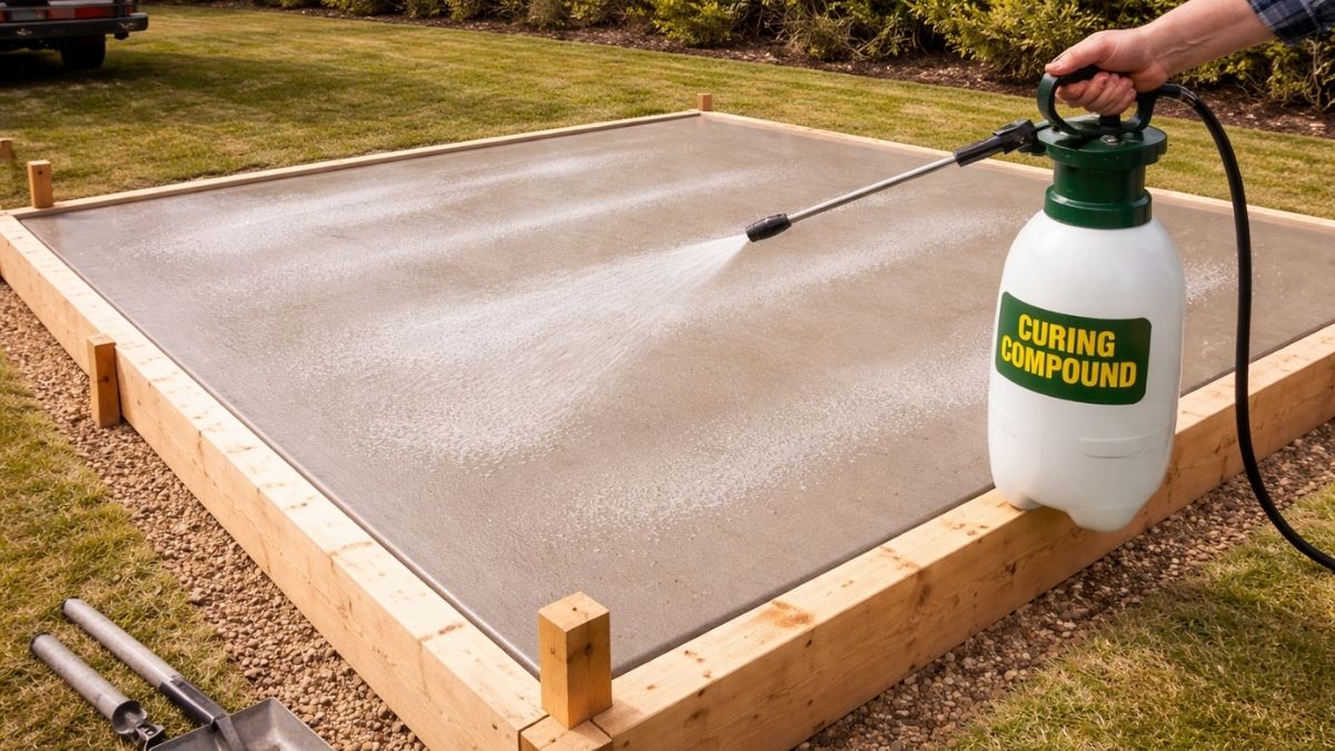 Curing compound being sprayed on freshly finished concrete slab surface immediately after broom finish