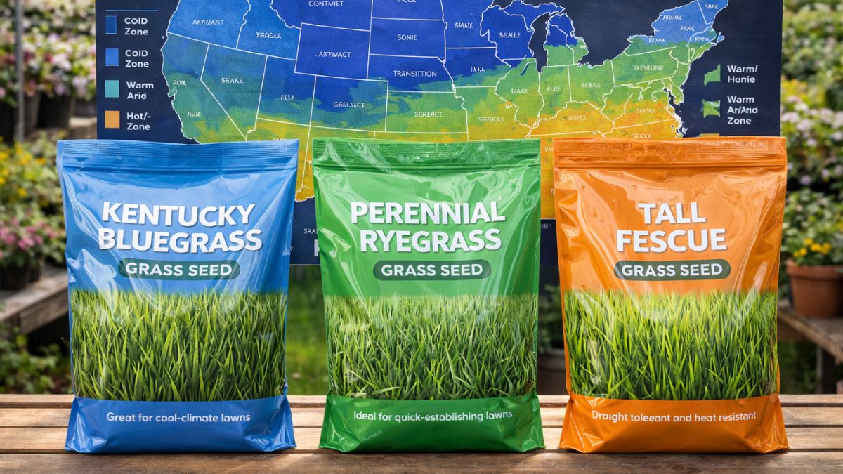 Grass seed varieties displayed with regional climate zone map showing cool-season vs warm-season grass regions
