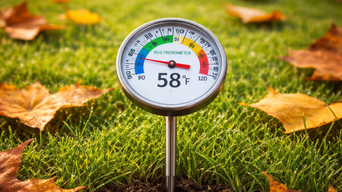 Soil thermometer being pushed into lawn showing 58 degrees Fahrenheit — ideal cool-season grass seeding temperature