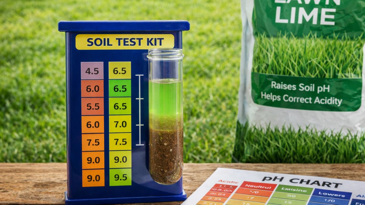 Soil test kit being used on lawn with pH meter in ground, soil sample collection tools visible