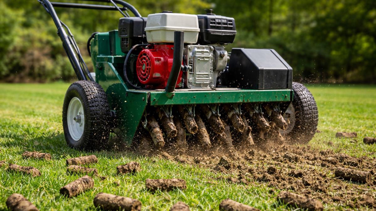 Core aerator machine pulling soil plugs from lawn before overseeding, soil cores visible on grass surface