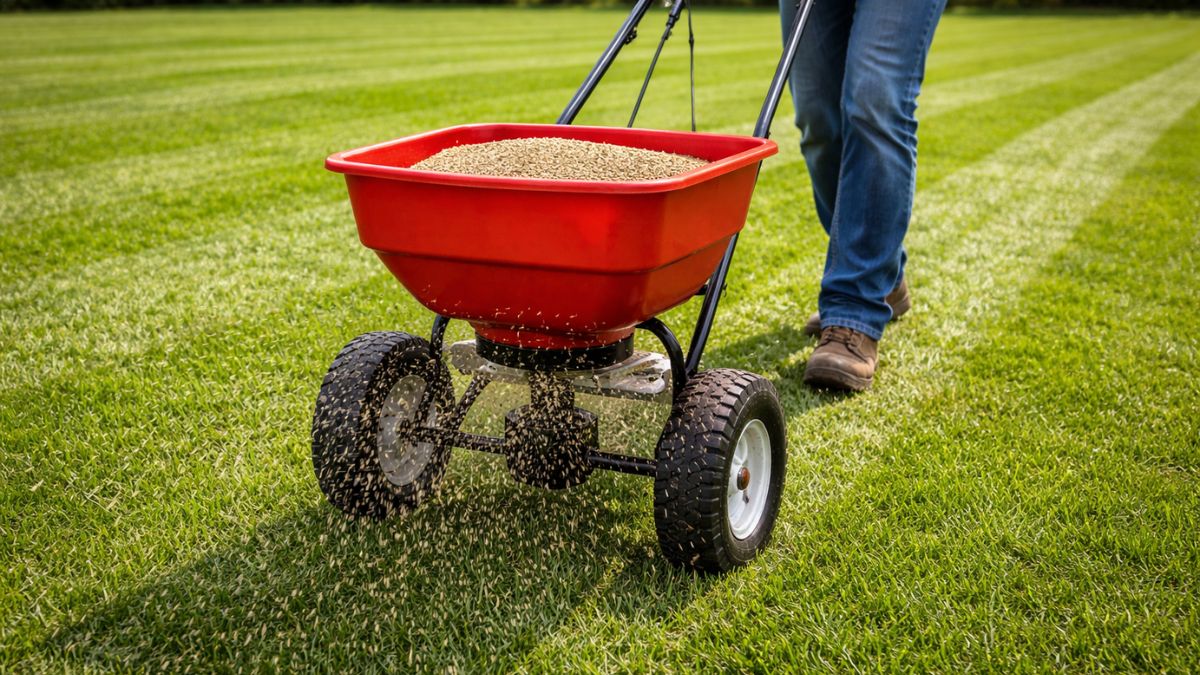 Rotary broadcast spreader being pushed across lawn spreading grass seed in cross-pattern application
