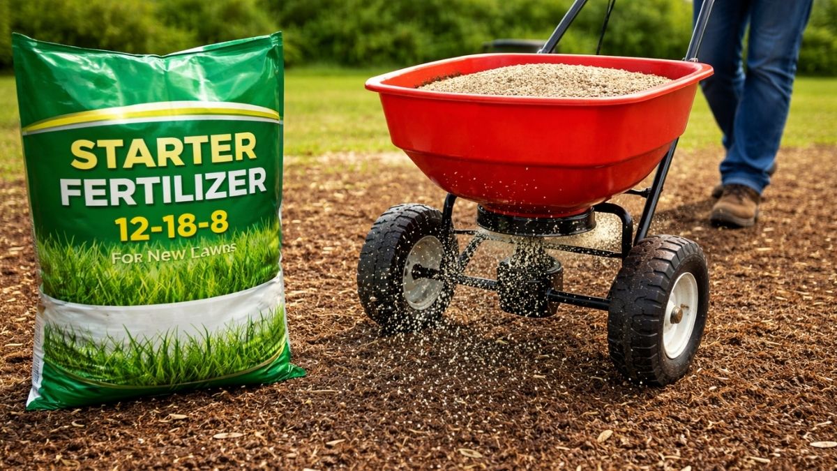 Starter fertilizer being applied with broadcast spreader over freshly seeded lawn area, peat moss bag visible nearby