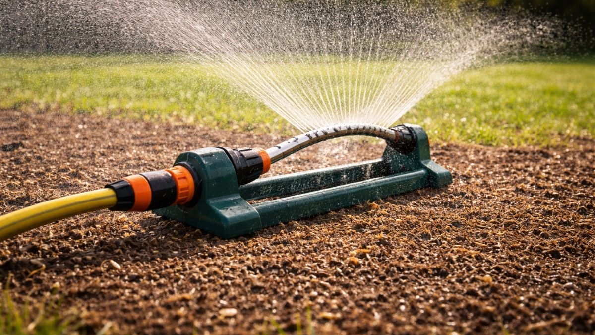 Oscillating sprinkler watering newly seeded lawn area showing fine spray pattern keeping soil surface moist