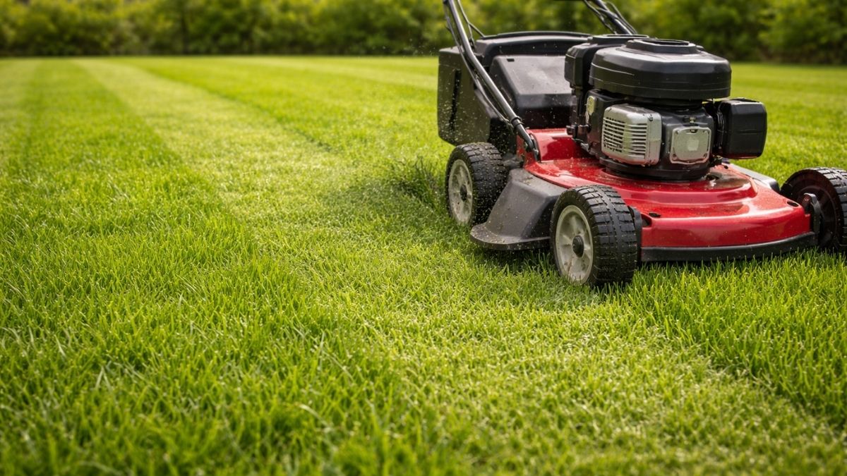 Lawn mower making first cut on newly established seeded lawn at 3 inch height, dense new grass growth visible
