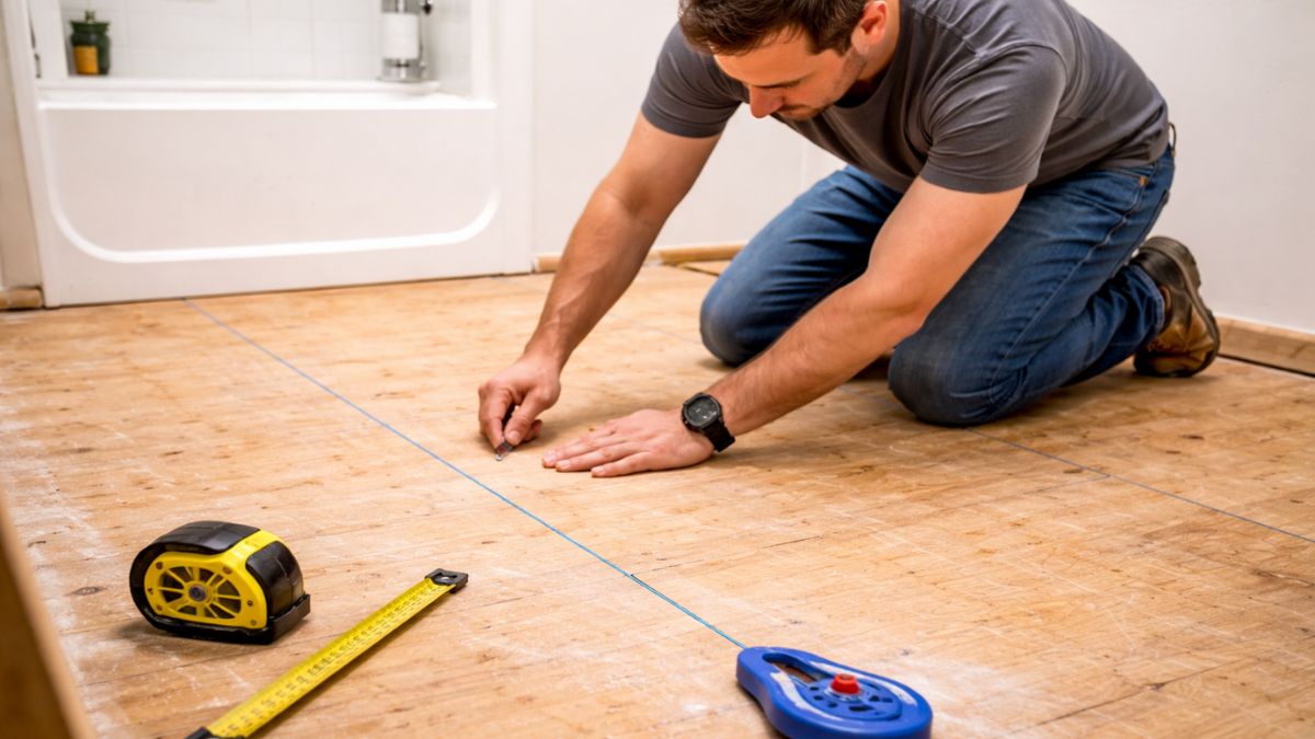 Chalk lines snapped across bathroom floor showing tile layout plan