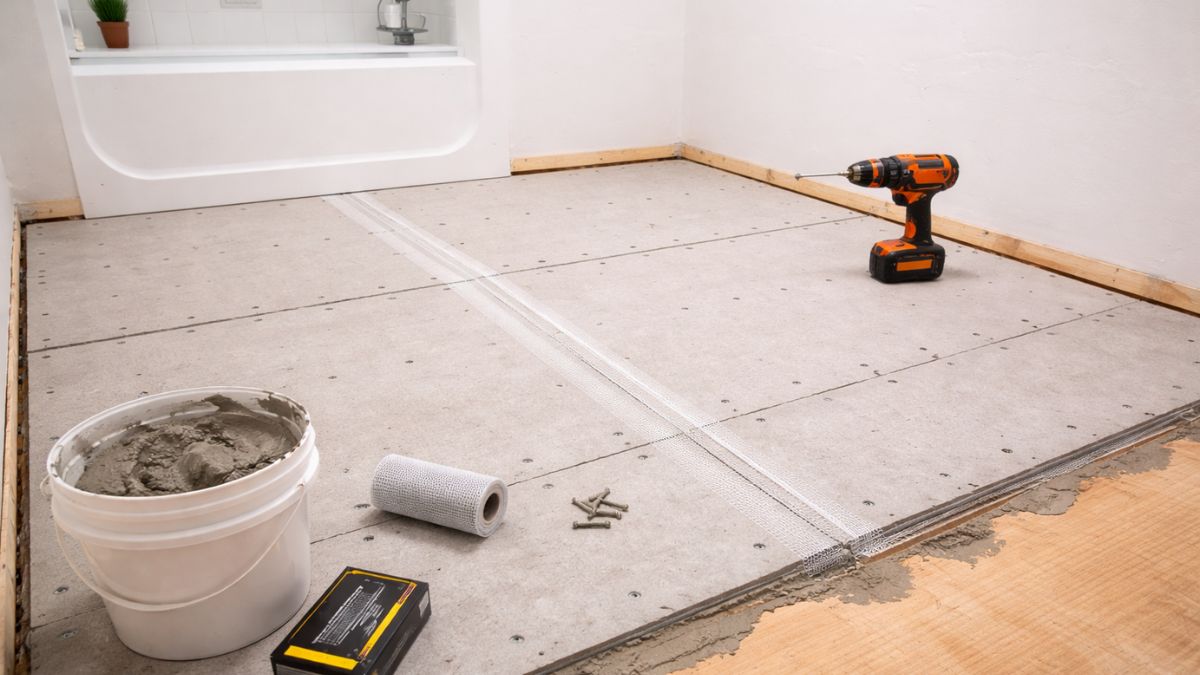 Cement backer board being installed over bathroom subfloor with screws